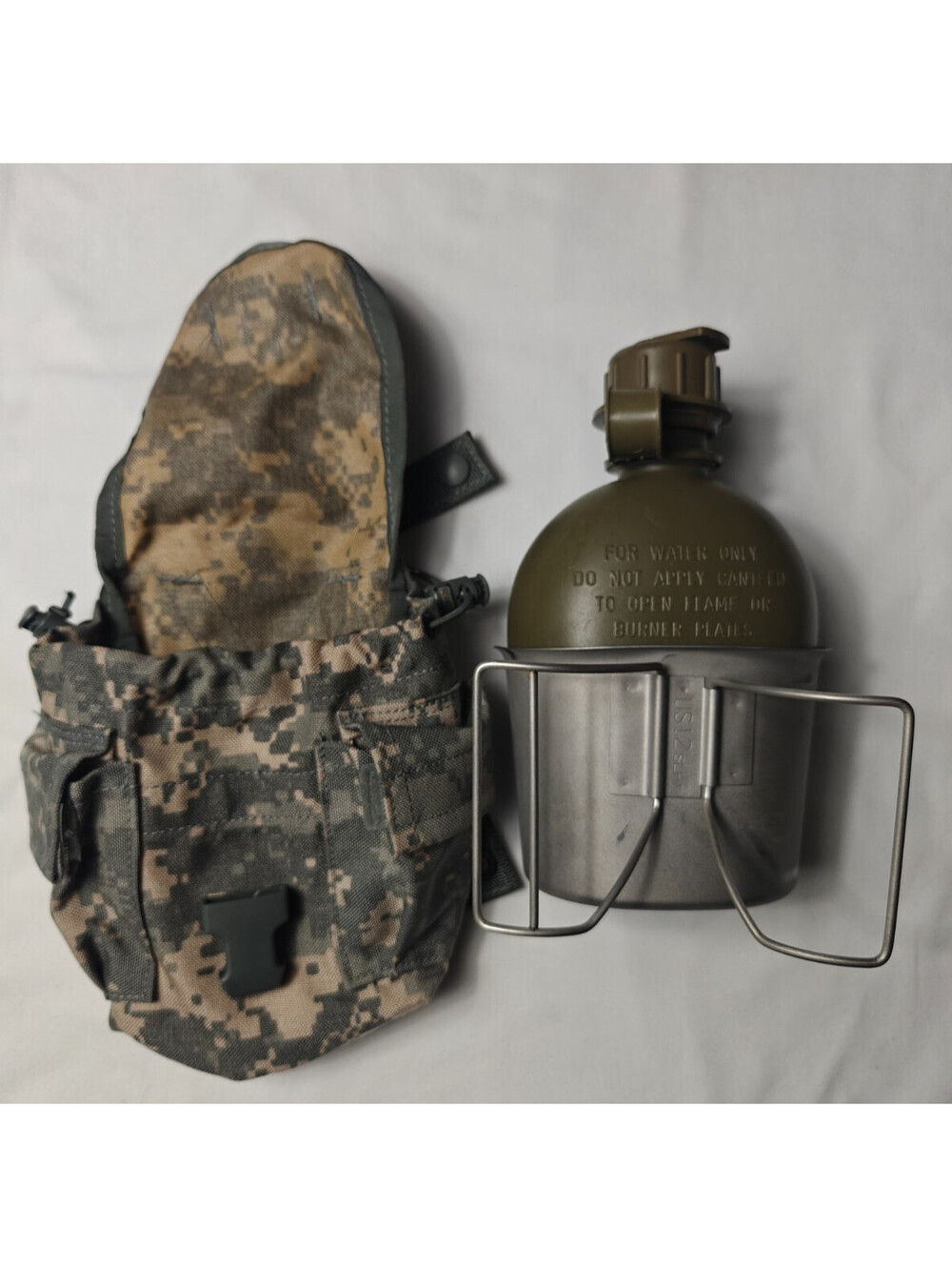 USGI OD Canteen w ACU Cover & Canteen Cup & Stove / Stand 4 PC COMBO Set Kit USA
